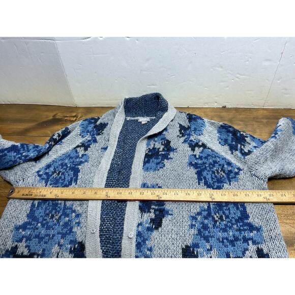 J Jill Woman's Gray Blue Floral Cardigan Sweater Front Pockets Size Large Wool - Picture 10 of 13